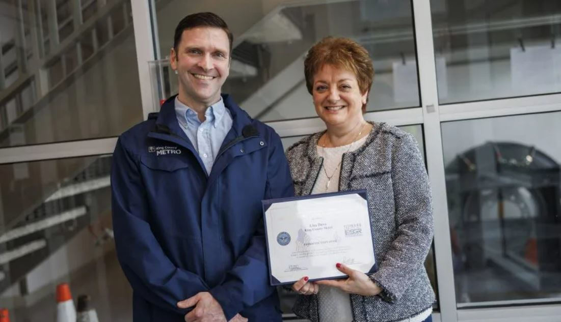 Lisa Dove is awarded the Patriot Award on March 2, 2023, at Metro’s Atlantic base in Seattle, Washington.