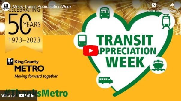 Screenshot of the beginning of a YouTube video. Green heart logo for Transit Appreciation Week and logo for 50 years of Metro
