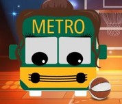 Image of a Metro avatar dressed to look like a woman basketball player, with a basketball and an arena in the background