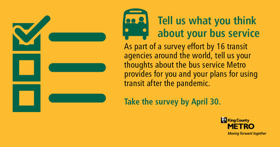 Image with yellow background & bus cartoon asking riders to take survey by April 30. All text in image is repeated in body of email