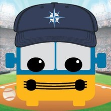 Metro bus as blue and yellow avatar wearing Seattle Mariners cap with ballfield background