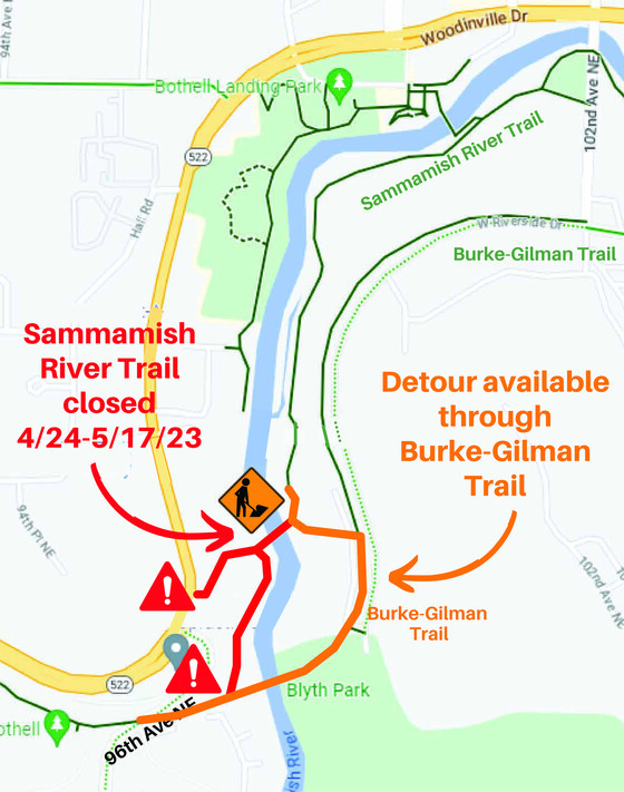 Map of trail detour on Sammamish River Trail