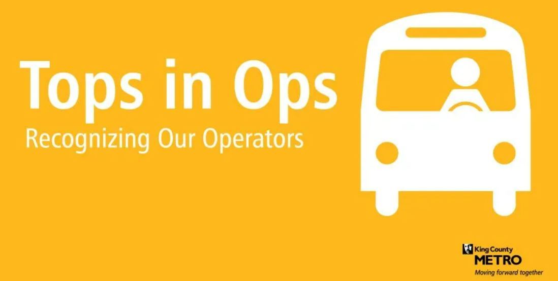 Yellow background white bus outline and text that reads "Tops in Ops recognizing our operators"