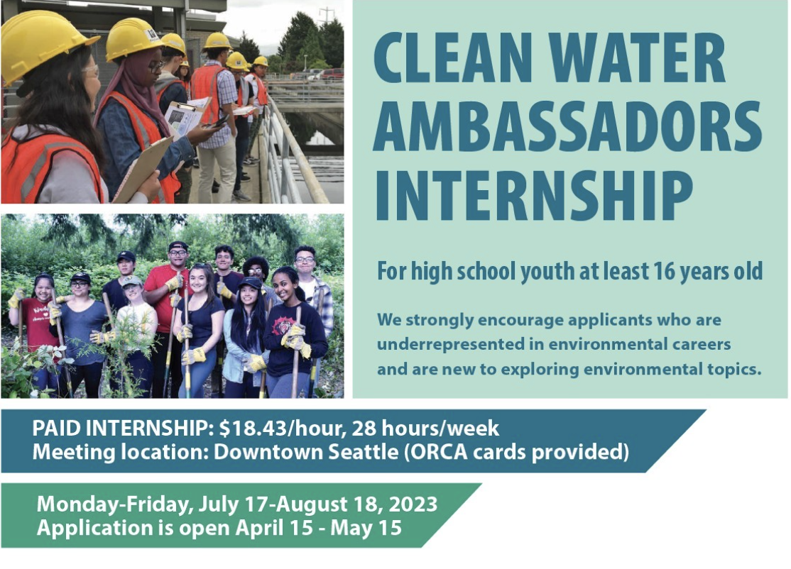 Clean Water Ambassadors Internship poster: "For high school youth at least 16 years old"; "Paid internship: $18.63/hr, 28 hr/week". 