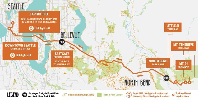Map of Trailhead Direct route to Mount Si with stops in Seattle, Capitol Hill, Eastgate, North Bend, Little Si, Mt Tenriffe and Mt Si