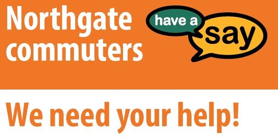 Text says: Northgate commuters - we need your help! - summary: survey will take 5 min and is about future plans and parking 