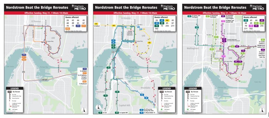 Three maps of reroutes for the Nordstrom bridge run