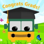 Image of the bus avatar with a grad caps and the words "Congrats Grads!"