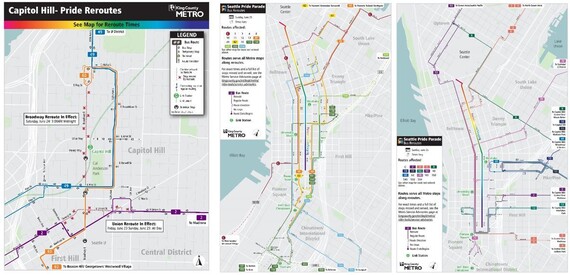 Three maps for Pride Parade in downtown and Capitol HIll