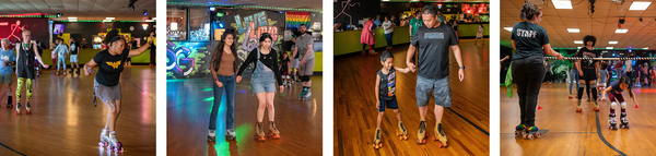 A collage of people roller skating at a roller rink.