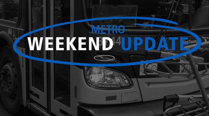 Black and white photo of bus with blue text that reads "Metro Weekend Update"