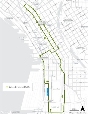 Map of downtown Seattle with a green line displaying downtown shuttle routing