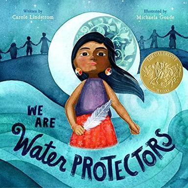 Image of book cover showing an Indigenous girl standing among the waves and holding a feather.