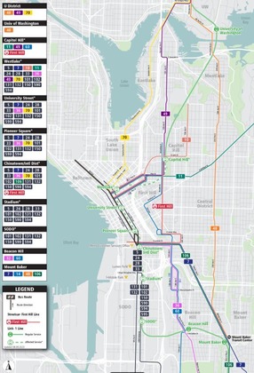 Detailed map of transit routes serving link stations color coded by transit route