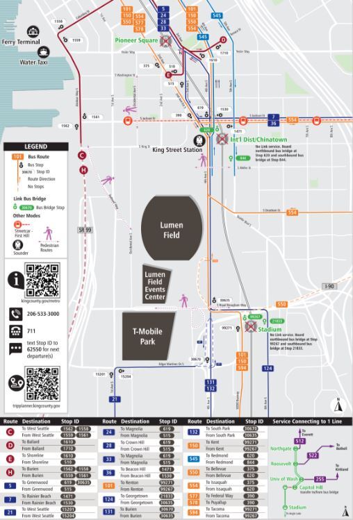 Detailed map of transit routes to stadiums and events center, color coded by route