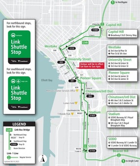 Detailed map of link shuttle routing in green, including streets and stop numbers