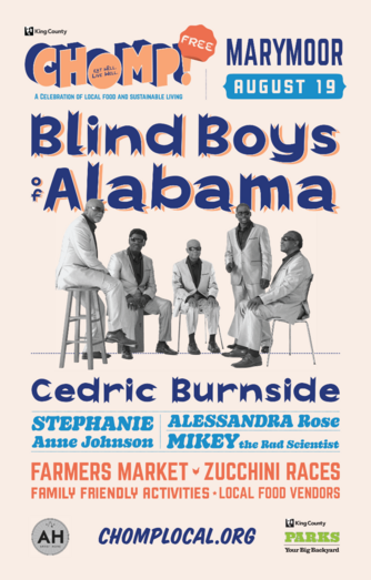 Event poster for CHOMP! featuring the Blind Boys of Alabama as a featured headliner. Free event from 10 a.m. to 6 p.m.