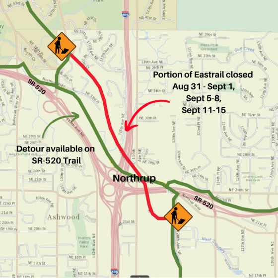 A map showing the closed portion of Eastrail and nearby detour on the 520 Trail