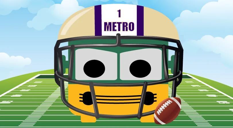 Cartoon of Metro bus on football field wearing a UW Husky football helmet 