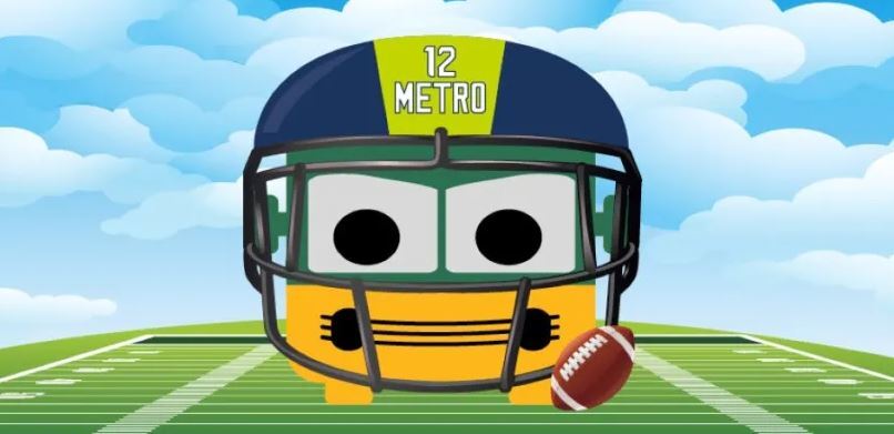 Metro cartoon avatar with Seahawks helmet and football with a background of a cartoon football field and blue sky with clouds