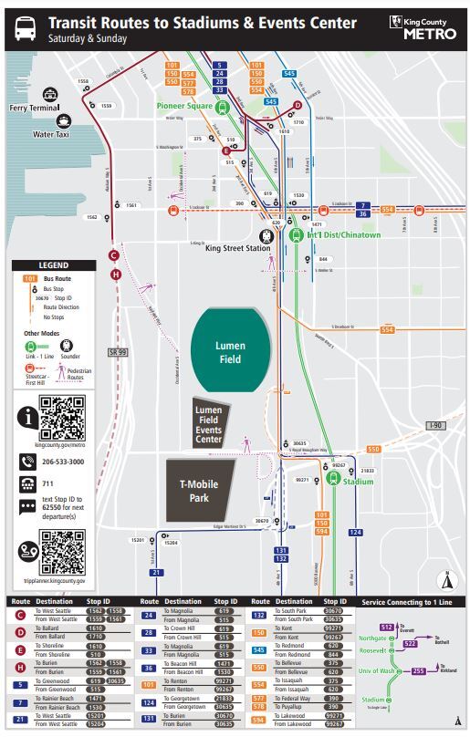 Map of transit options to get to Lumen and T-Mobile Park on Sat or Sun. These options are summarized in Metro Matter blog post
