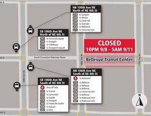 Map of relocated stops due to bellevue transit center closure. all information can be found on Service Alert page