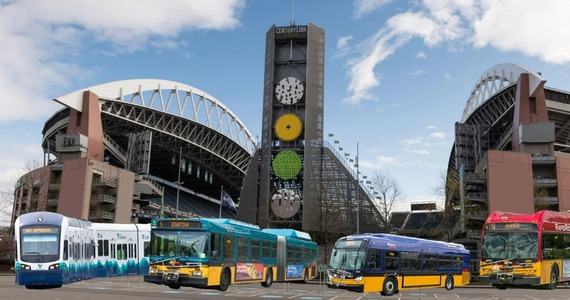 Photo of Lumen Field edited to show Metro Buses and Light Rail cars arriving in parking lot