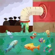 A cartoon wastewater plant with water pouring into a body of water with fish in it.