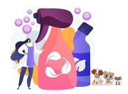 A cartoon woman stands next to bottles of disinfectants and cartoon dogs.