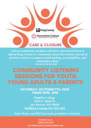 Flyer for upcoming listening sessions on October 7 for folks who identify as experienced harm 