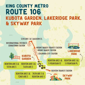 King County Metro map that reads: "Route 106. Kubota Garden, Lakeridge Park, and Skyway Park."