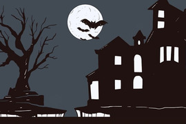 a black and white illustration of a haunted mansion, tree with no leaves, and bats flying around a full moon