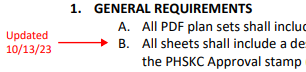 Red text reading "Updated 10/13/23" with an arrow pointing to item B in section 1 general requirements, of the commercial plumbing design guidance