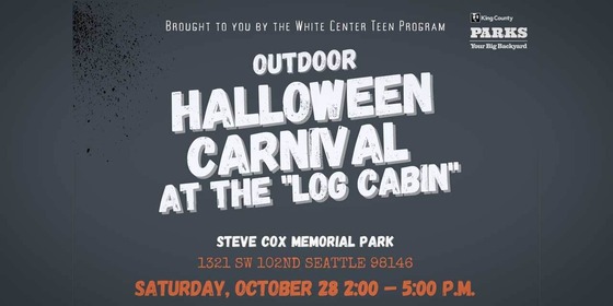 Graphic poster image of Outdoor Halloween Carnival at the "Log Cabin" at Steve Cox Memorial Park on Saturday, October 28 from 2PM to 5PM