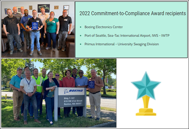 Collage of two photos showing employees at Boeing Electronics Center and Primus International holding their award plaques. 