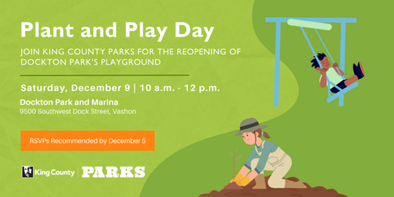 illustration of kid on swing and adult planting with text that reads "plant and play day Saturday Dec 9 10am-12pm"