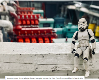 stormtrooper sits on a ledge at West Point Treatment Plant in Seattle