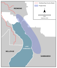 Along the east side of Lake Sammamish are hatched lines showing the project area for the Sammamish Plateau Diversion Project.