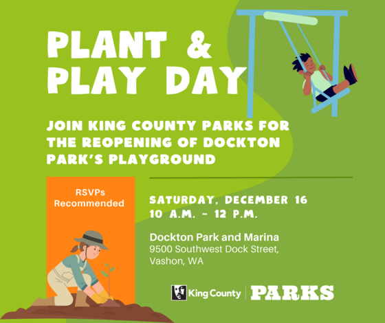 an illustration of a person planting and a kid on a swing with text that reads "Plant and Play Day"