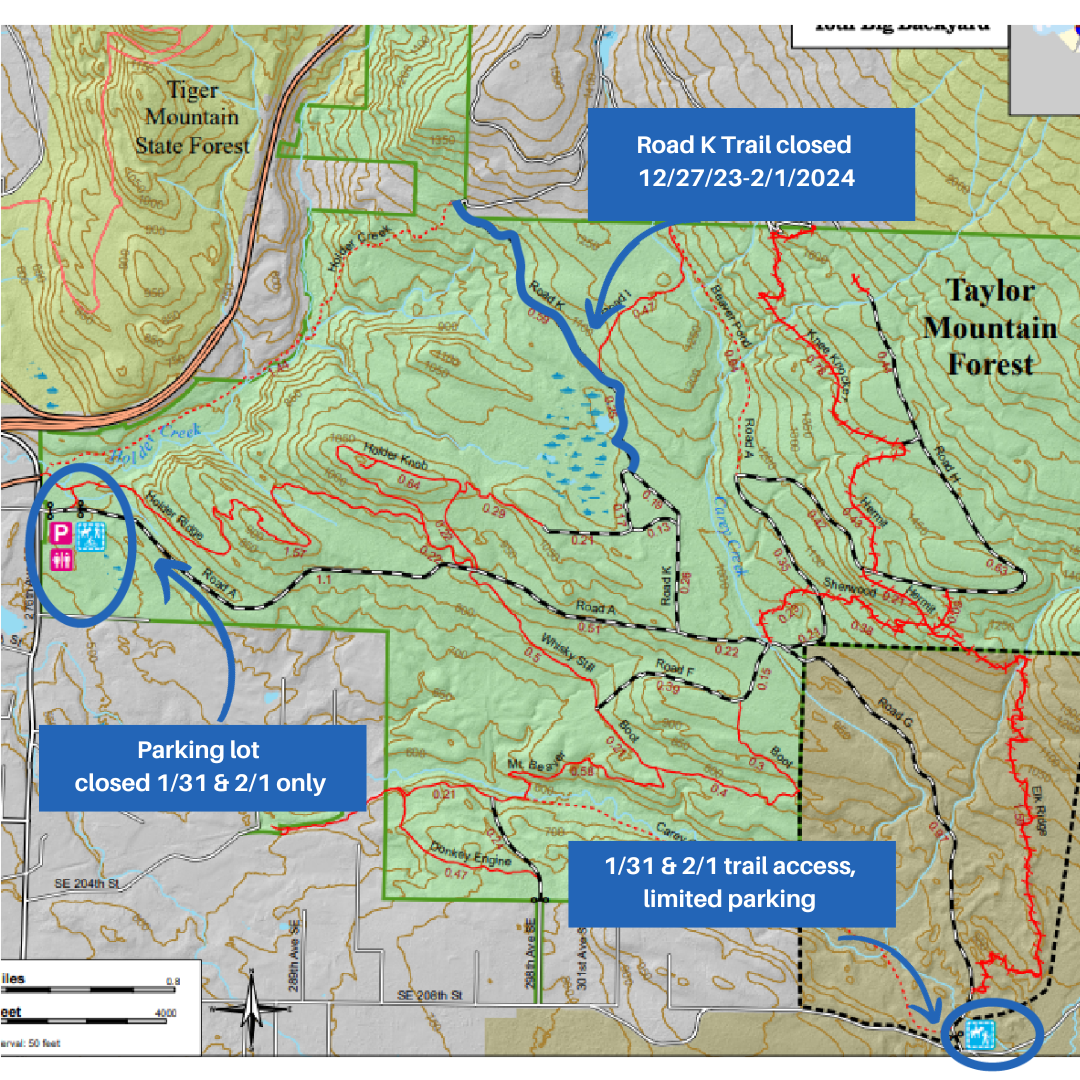 Map of Taylor Mountain with Road K closure, parking lot, and alternate parking areas marked