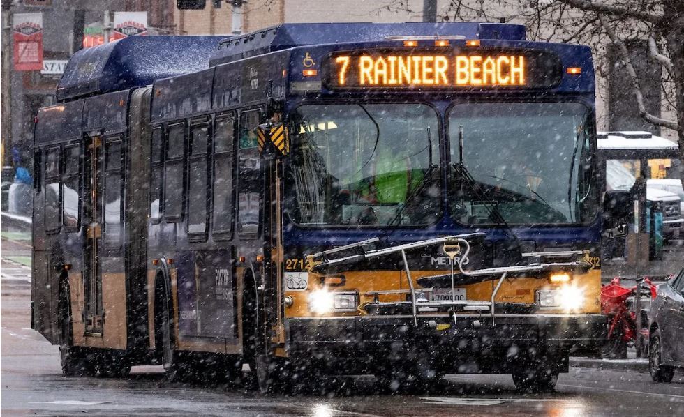 Photot of Route 7 coach traveling through light snowfall