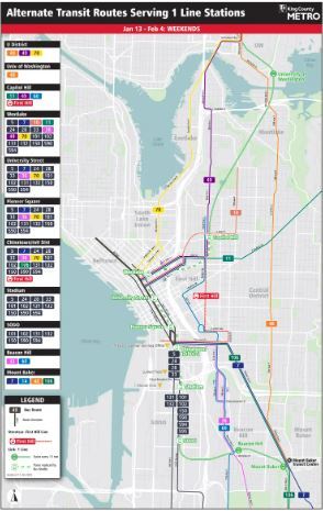 Map of alternate transit routes for 1 line disruption, weekend