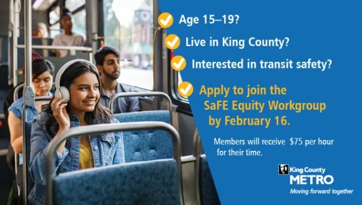 Picture of teen on the bus and then a list of requirments and invitation to apply for the SaFE Equity Workgroup