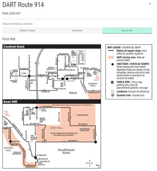 Map of DART Route 914 in Central Kent and East Hill