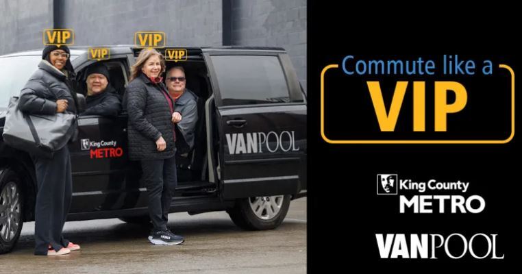 image of four people in a vanpool "commute like a VIP" and King county Metro logo