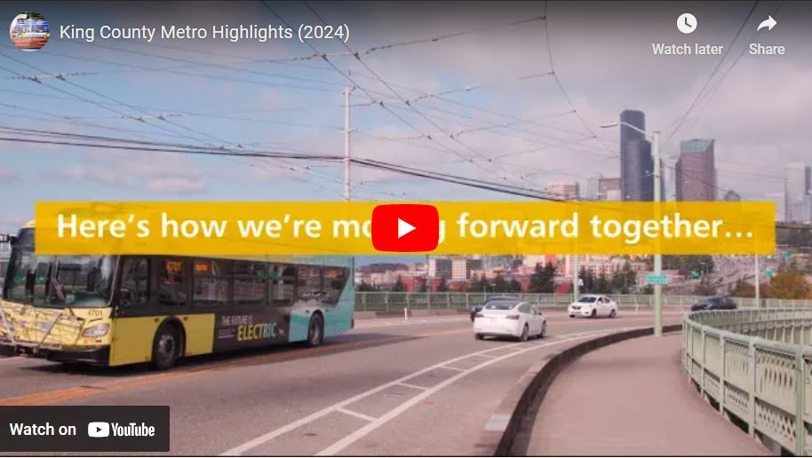 screenshot of a YouTube video of  Metro Highlights (2024) image of electric bus and Here's how we're moving forward together