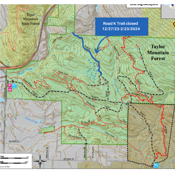 a map of the Trail K closure at Taylor Mountain