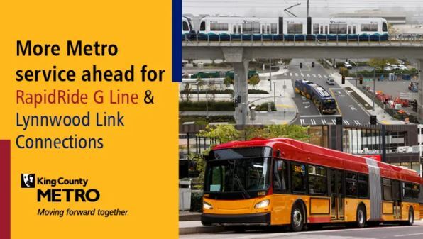 " More Metro Service ahead for RapidRide G Line and Lynnwood Link Connections" Image if Link and Rapid Ride G Line Metro logo