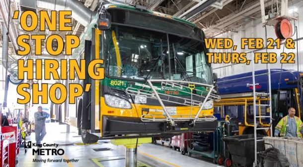 "One stop hiring shop" Wed, Fe 21 and Thurs Feb 22 " image of bus in the repair shop 