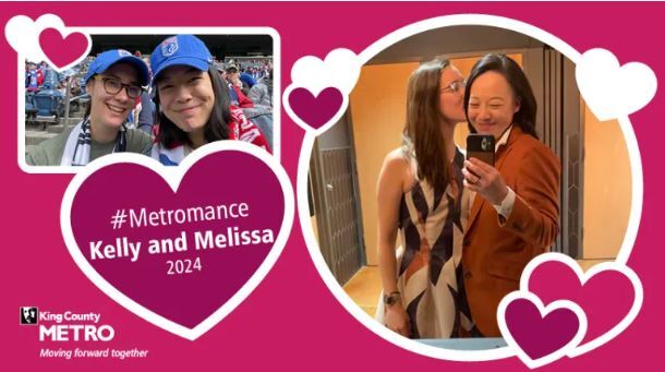 Pink background with hearts and two pictures of Melissa and Kelly " #Metromance Kelly and Melissa 2024